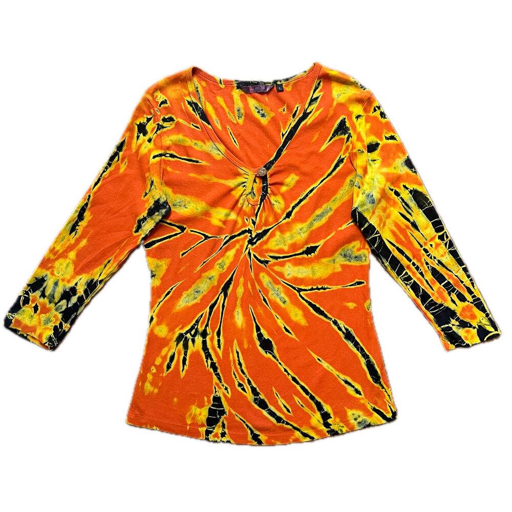Vintage‎ 90s / Y2K Tie Dye Top Shirt Orange Yellow Black // Size Large